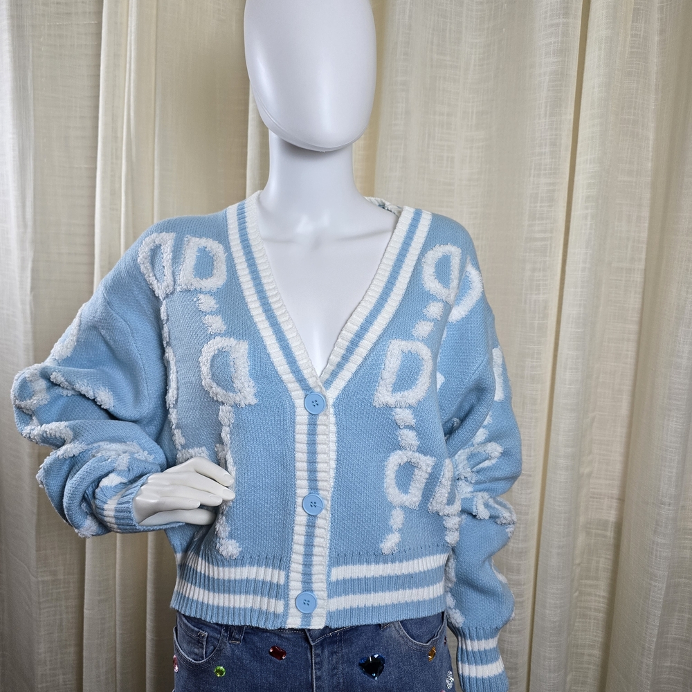 Chic Blue and White Cardigan Sweater
